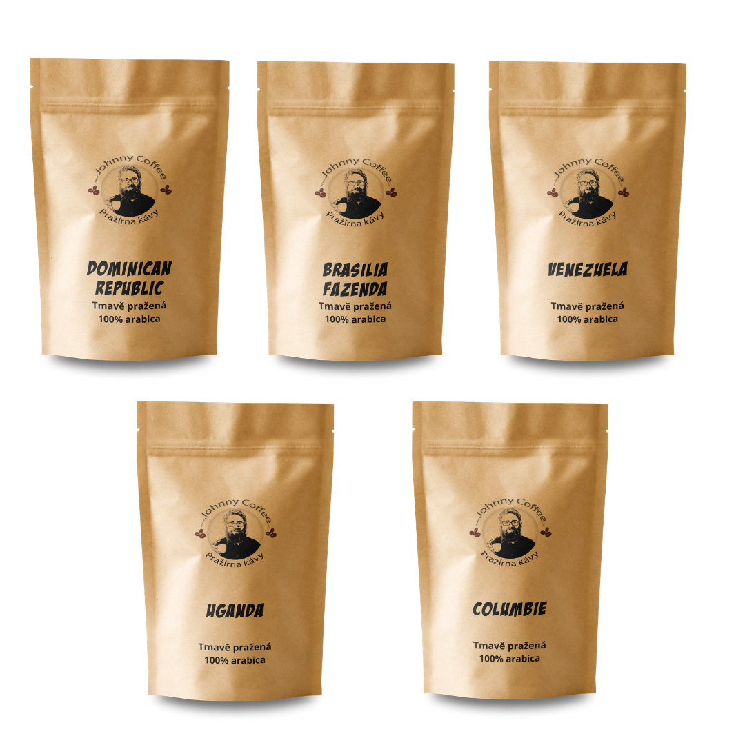 Espresso ochutnávkový set 5×50 g: pět sáčků kávy z pěti zemí od Johnny Coffee