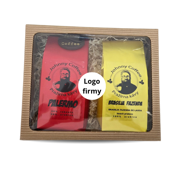 Dárková krabice se dvěma kávami Johnny Coffee a logem firmy